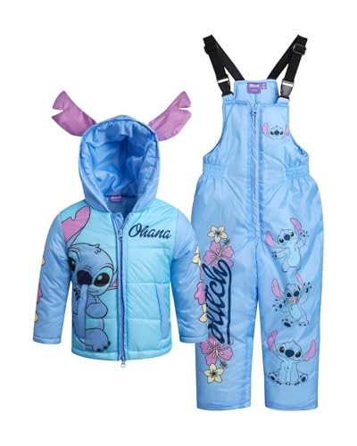 Disney Girls Snowsuit Set - Minnie Mouse, Lilo & Stich 2 Piece Ski Jacket and Snow Bib Pants for Toddlers/Little Girls (2T-7), Size 5-6, Stitch Blue | Amazon (US)
