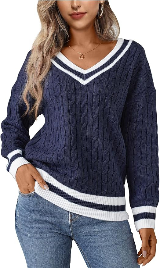 Jollycode Women's Cable Knit V Neck Sweaters Casual Long Sleeve Pullover Striped 2023 Trendy Loos... | Amazon (US)