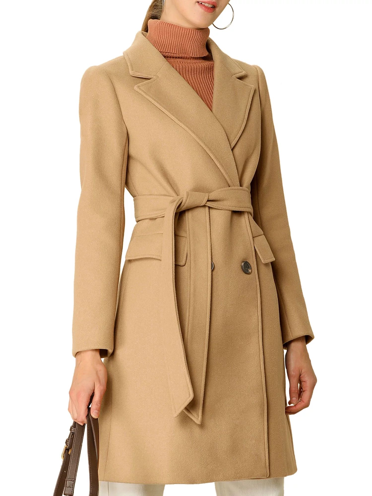Unique Bargains Women's Double Breasted Belted Pocket Trench Long Coat | Walmart (US)