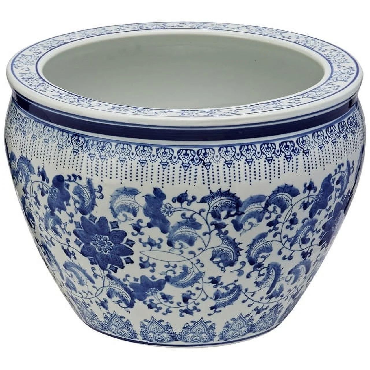 Oriental Furniture 14" Floral Blue & White Porcelain Fishbowl - Walmart.com | Walmart (US)