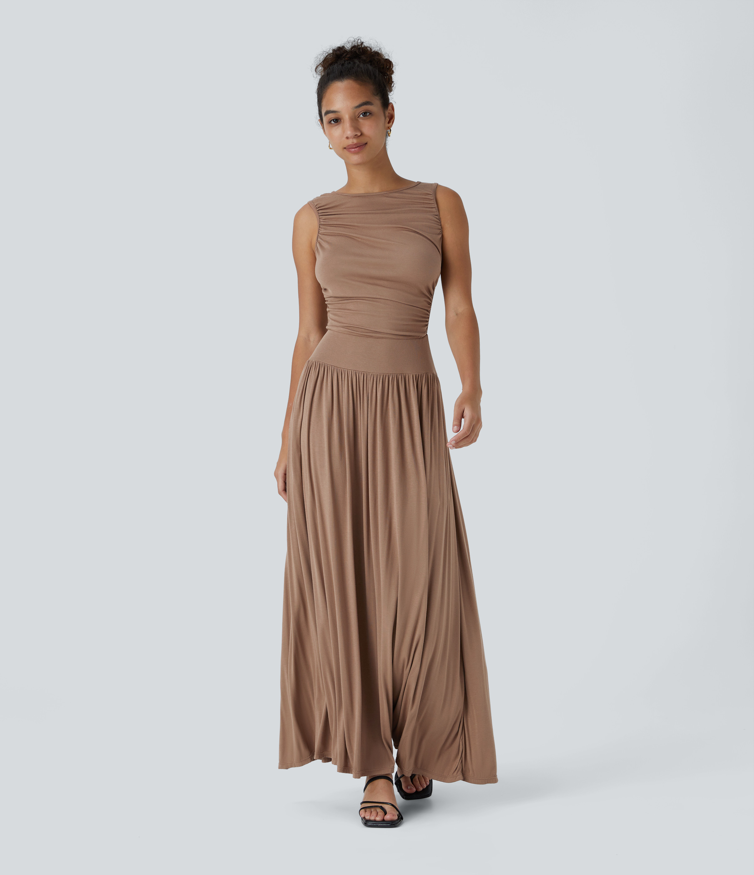 Halara Ribbed Boat Neck Asymmetric Strap Ruched Pocket Flowy Maxi Casual Dress Casual Dress - Beaver Fur - L slip dress beach dress | HALARA