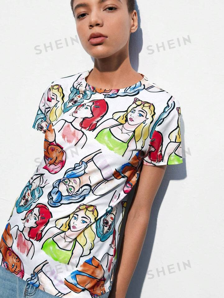 SHEIN Maija Dames T-shirt met ronde hals en all-over print en korte mouwen voor de zomer | SHEIN ... | SHEIN