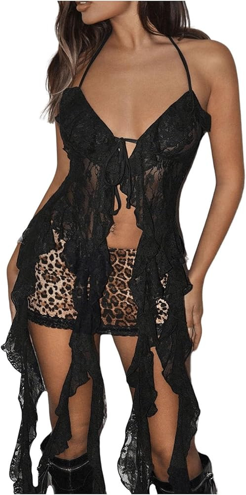 OYOANGLE Women's Lace Sheer Crop Halter Tops Ruffle Asymmetrical Hem Backless Y2k Cami Tops | Amazon (US)