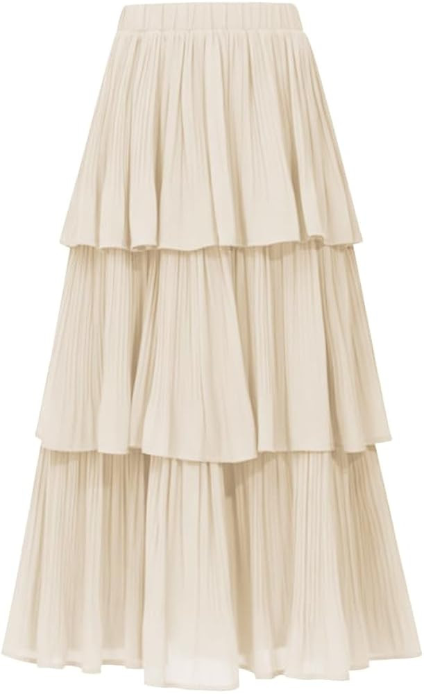 Amazon.com: OULESIS Long Skirts for Women Elastic High Waist A Line Ruffle Tiered Layered Beige M... | Amazon (US)