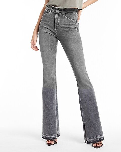 High Waisted Gray Side Slit Raw Released Hem Flare Jeans | Express