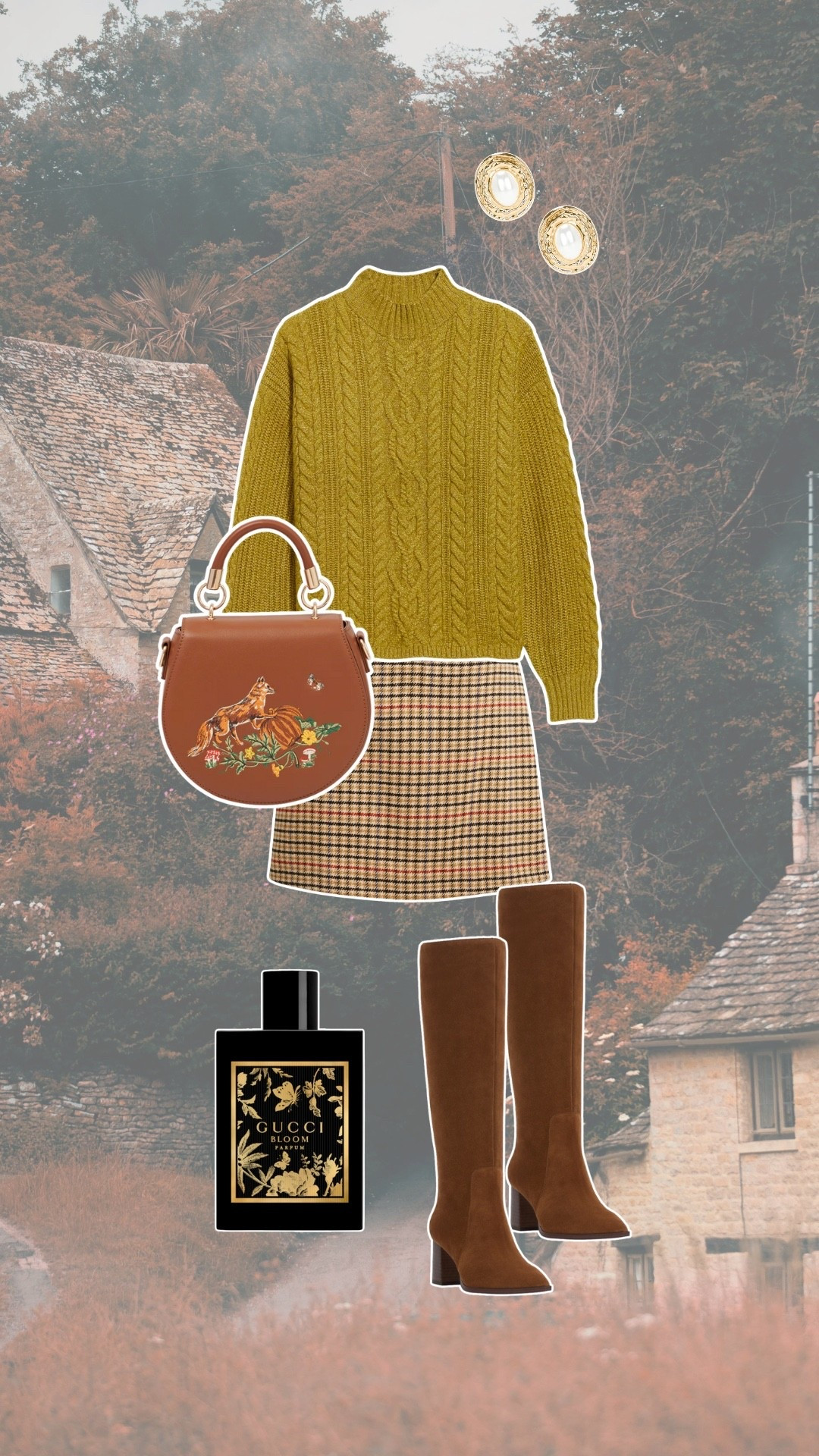 thanksgiving outfit. Brown plaid skirt. Olive green sweater. Unique purses. Brown suede knee-high boots. Fall perfume.

#LTKHoliday #LTKSeasonal #LTKGiftGuide
