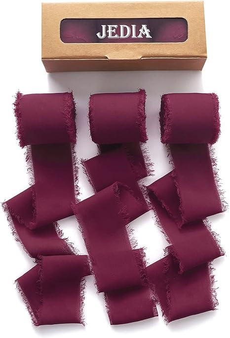 JEDIA Chiffon Ribbon, 3 Rolls Bright Burgundy Handmade Fringe Chiffon Silk Ribbons, 1.5" x 7Yd Ch... | Amazon (US)