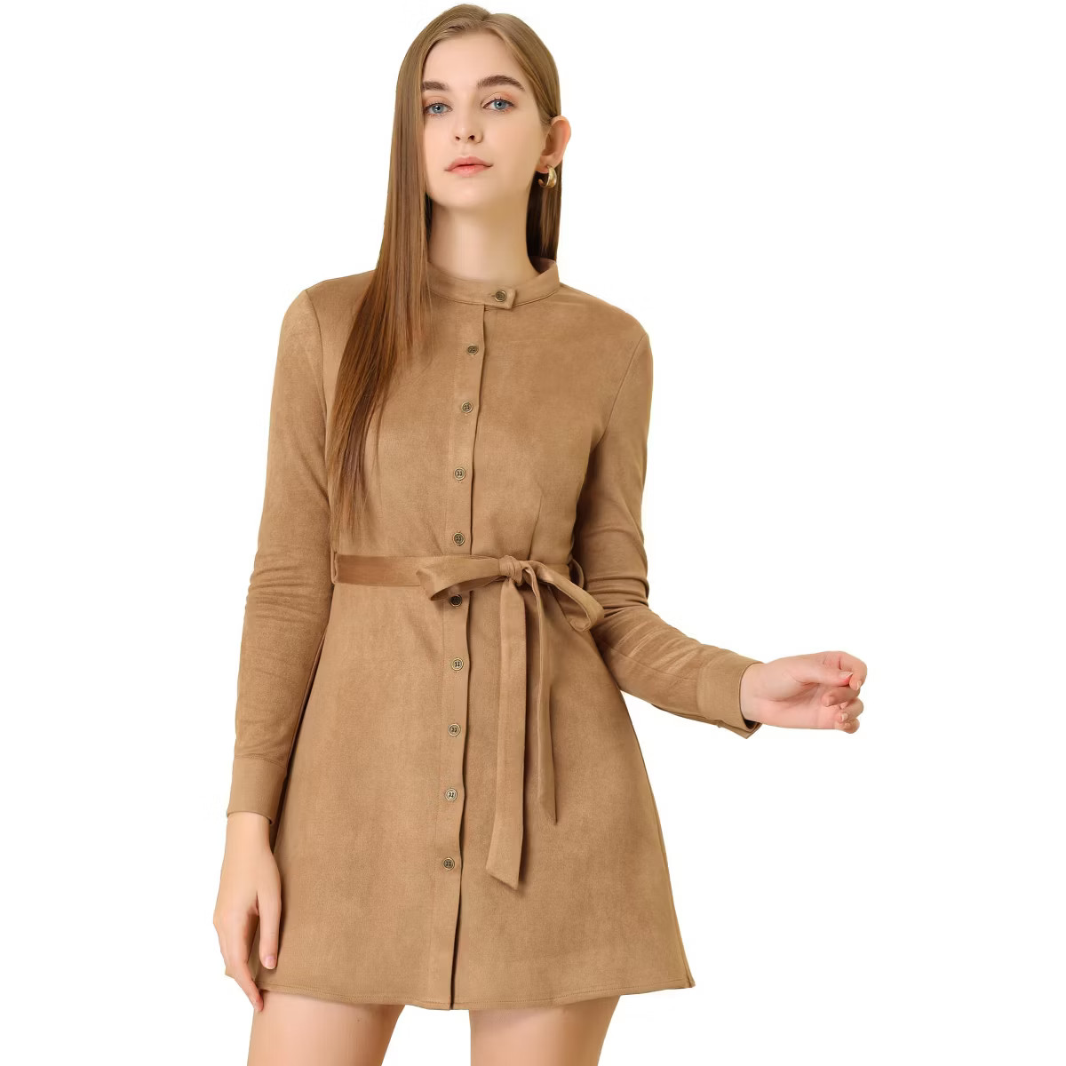 Allegra K Women's Long Sleeve Casual Faux Suede Belted Elegant Button Down Mini Dress | Target