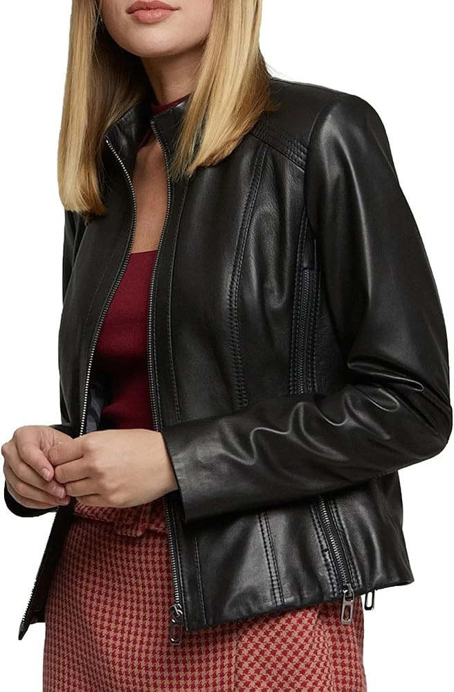 Women's Moto Slim Fit Leather Jacket - 100% Genuine Leather | Amazon (US)