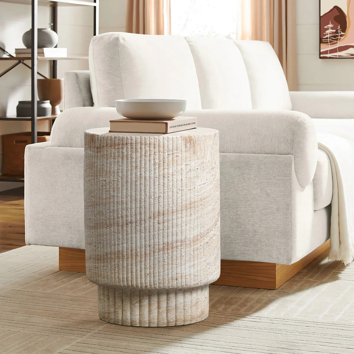 Faux Travertine MgO Patio Side Table, Sculptural Outdoor Accent Table | Wayfair North America