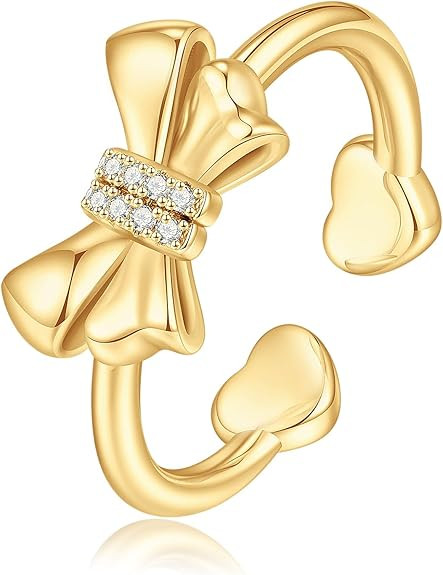 Heart Bow Rings for Teen Girls Women, 14K Gold/White Gold/Rose Gold Plated CZ Bow Ring Adjustable... | Amazon (US)