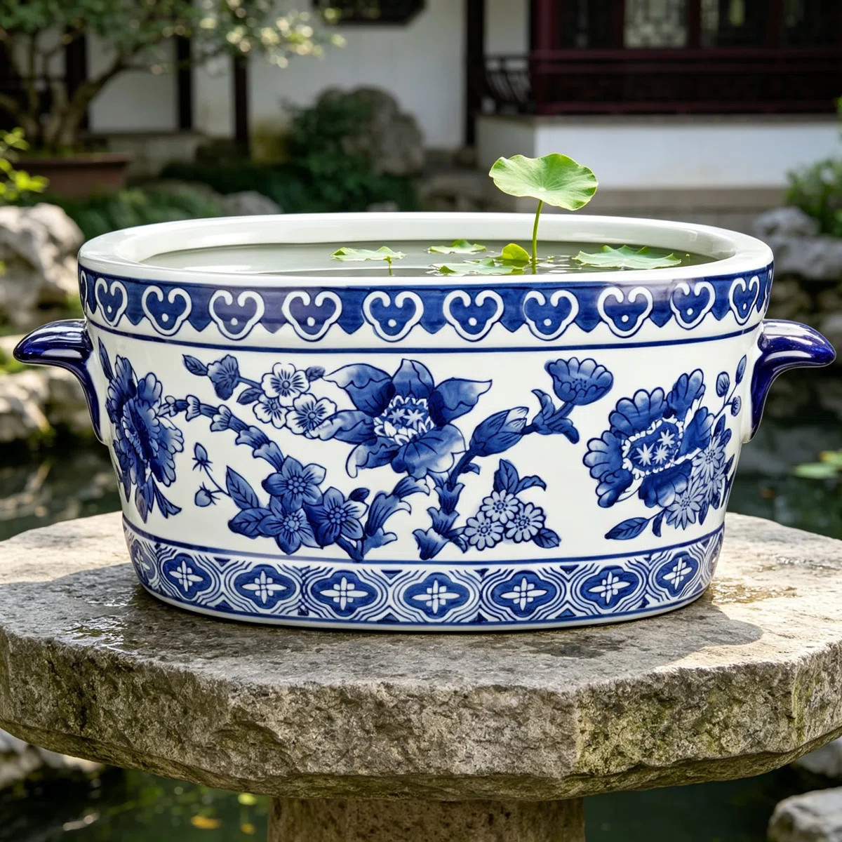 Blue And White Ceramic Planter Pot, Vintage Floral Oval Cachepot Vase For Indoor Plants, Flowers ... | Wayfair North America