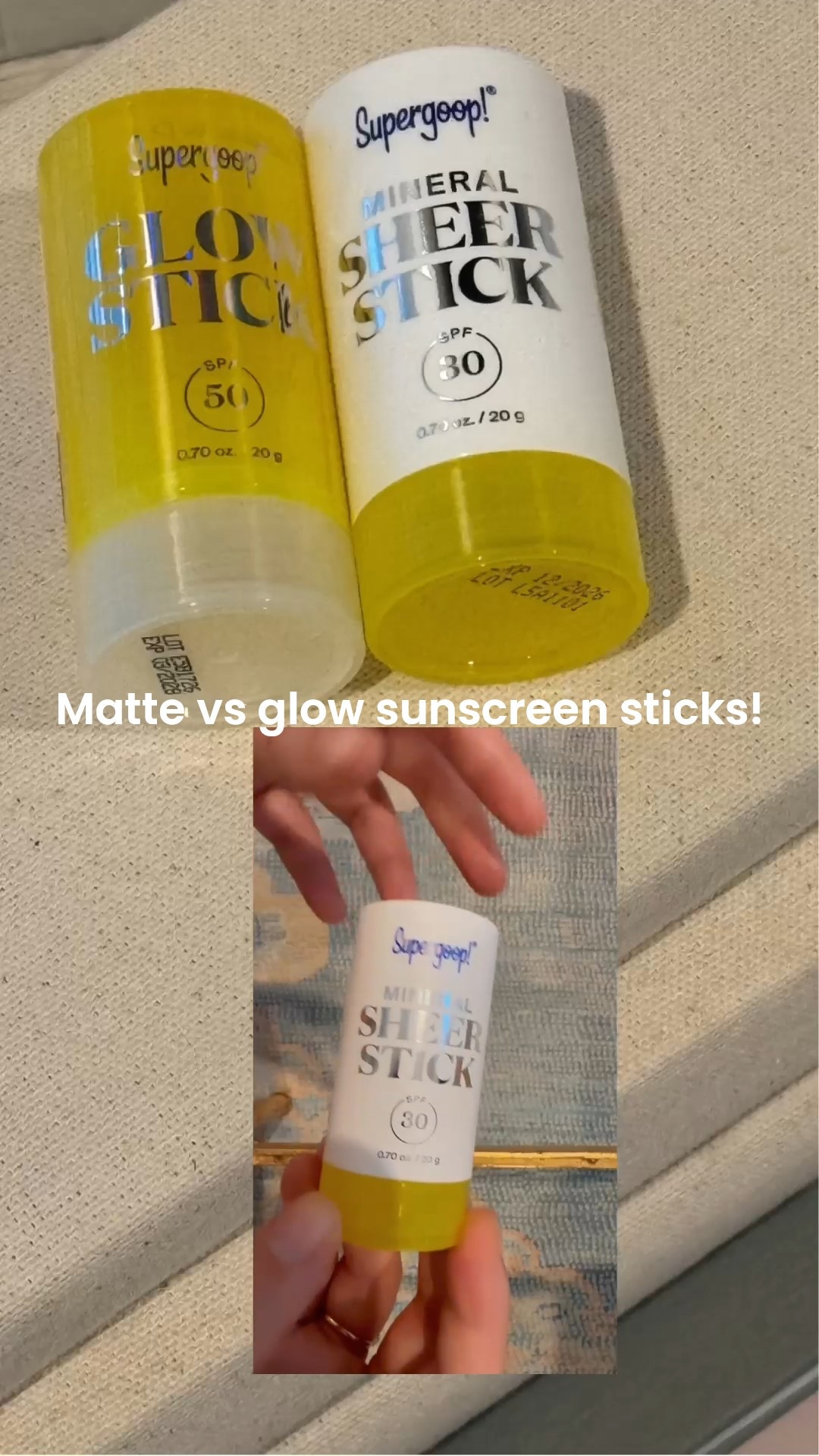 What mineral vs glow Supergoop looks like with the stick! Love them both for different reasons!! 

#LTKBeauty #LTKGiftGuide
