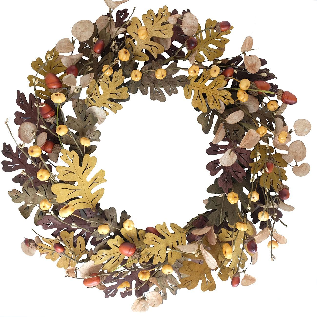 Amazon.com: Artificial Wooden Wreath 18 inch Fake Wood Leaves Golden Eucalputs Small Acorn with W... | Amazon (US)