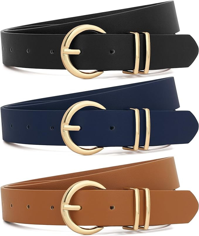 XZQTIVE 3 Pack Women Belts For Jeans Dresses Pants Ladies Leather Waist Belt with Gold Buckle | Amazon (US)