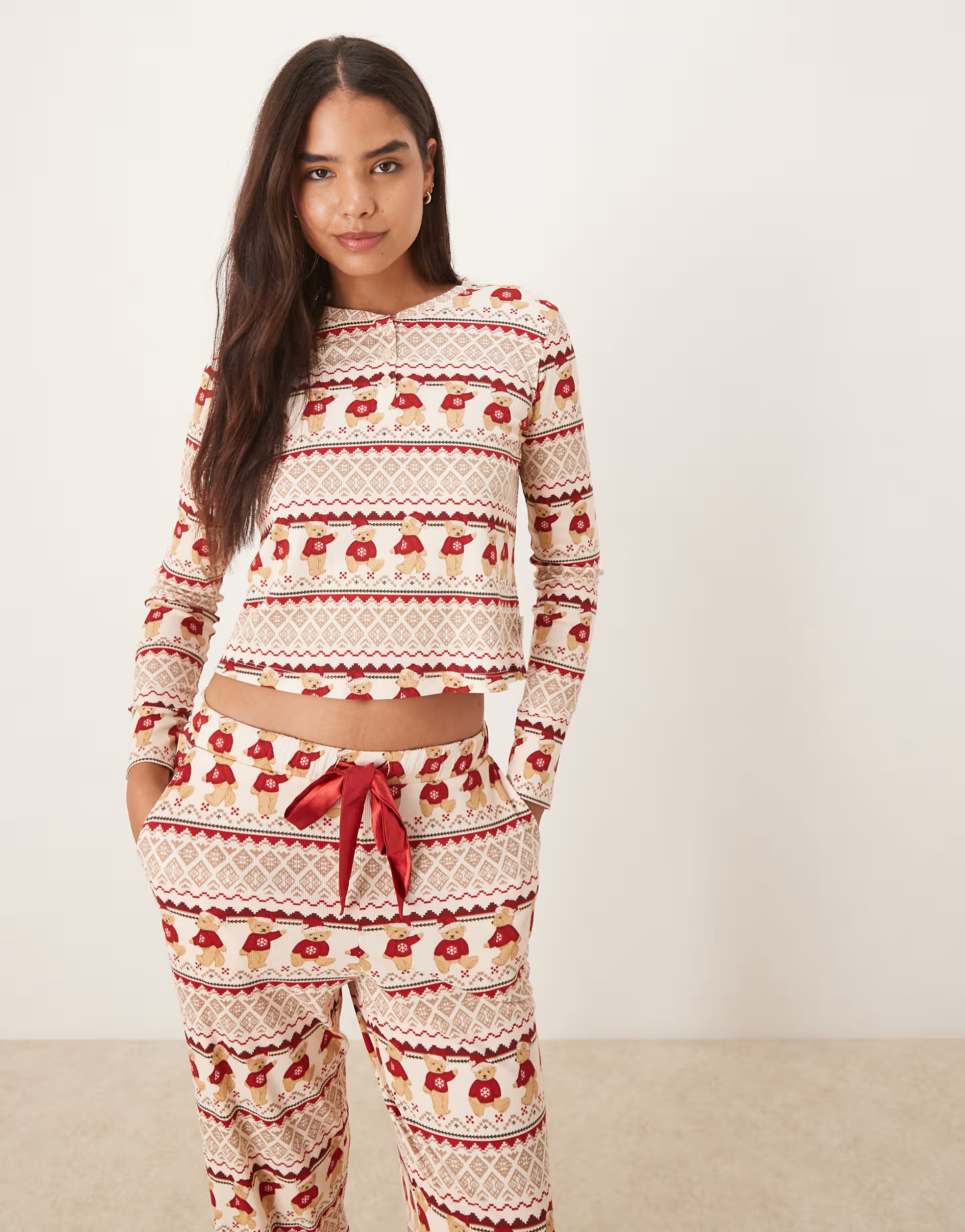 Chelsea Peers Christmas teddy fairisle henley and trouser pyjama set in multi | ASOS (Global)