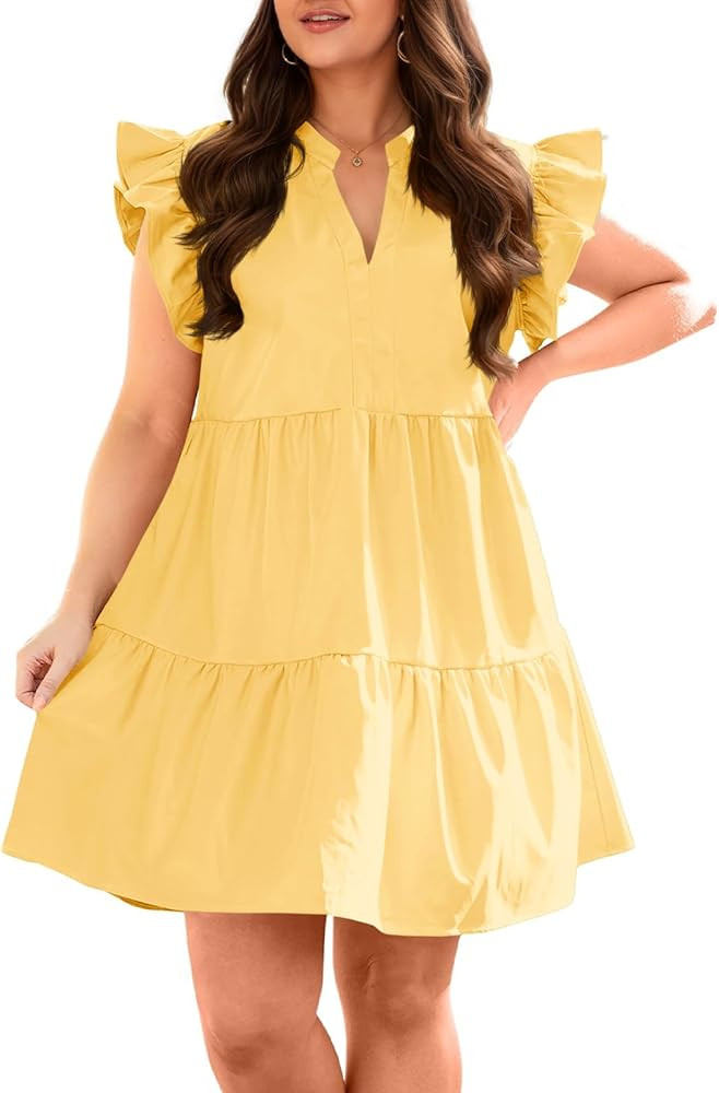 Fisoew Plus Size Dresses for Women Summer Ruffle Short Sleeve V Neck Dress Tiered Swing A Line Ba... | Amazon (US)