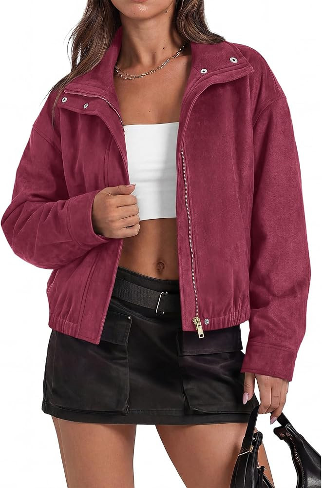 PRETTYGARDEN Lightweight Faux Suede Cropped Bomber Jacket Women Outerwear | Amazon (US)