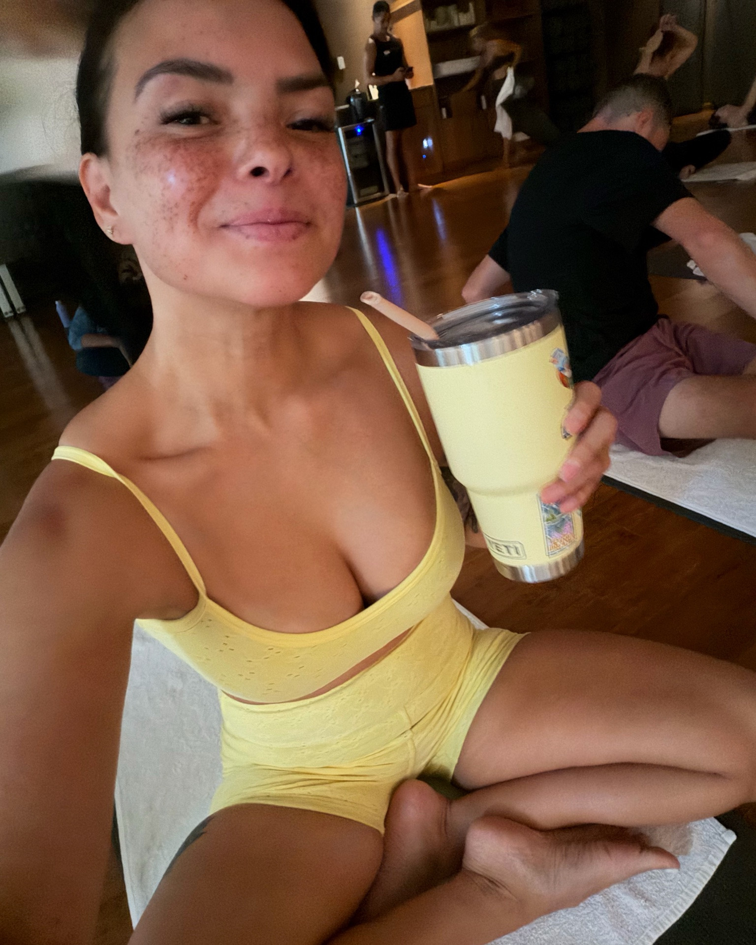 Cutest yoga or Pilate set . With gripping shorts so they don’t roll up with extra lining for no see through #yogafit #pilates 

Size up recommender IMO 

125lbs 30dd size 27 
wearing size medium bottom and top.

#LTKfitnessgoals #LTKootd #LTKActive