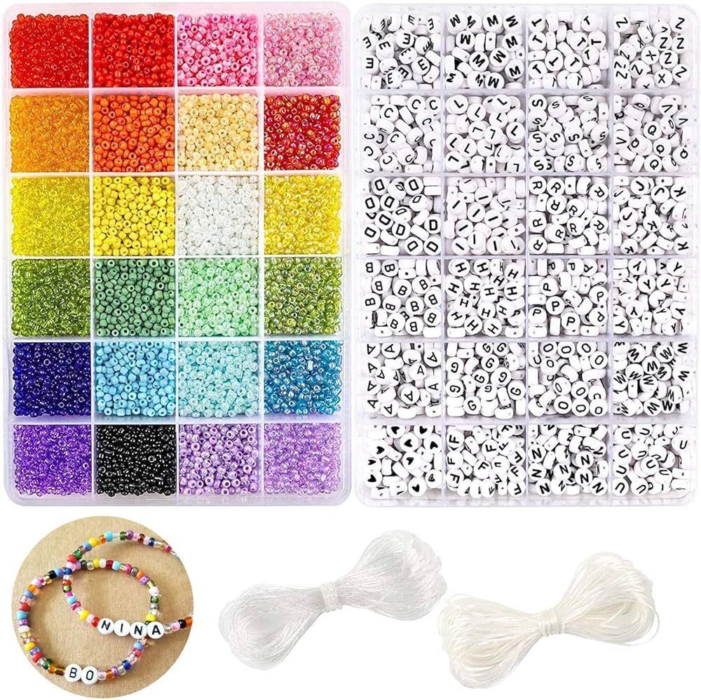 DICOBD 10800pcs 3mm 8/0 Glass Seed Beads Craft Beads Kit and 1200pcs Letter Alphabet Beads for Fr... | Amazon (US)