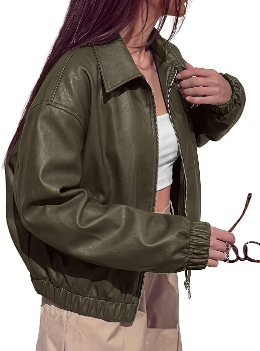 KIRUNDO Fall Faux Leather Jacket Women Oversized Zip Up Bomber Coats | Amazon (US)