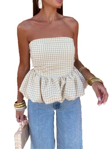 Leyajedol Women Y2k Peplum Tube top Strapless Bubble Bandeau Top Ruffle Hem Flowy Aesthetic Summer Going Out Streetwear(Beige, S) | Amazon (US)