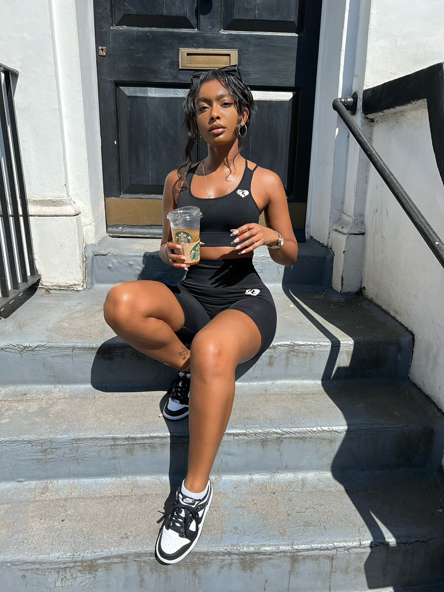 Gymshark gym set, black shorts, sports bra, gym outfit, cycling shorts, all black outfit, Nike panda dunks, Nike trainers, workout outfit, fitness outfit 

#LTKSeasonal #LTKeurope #LTKstyletip