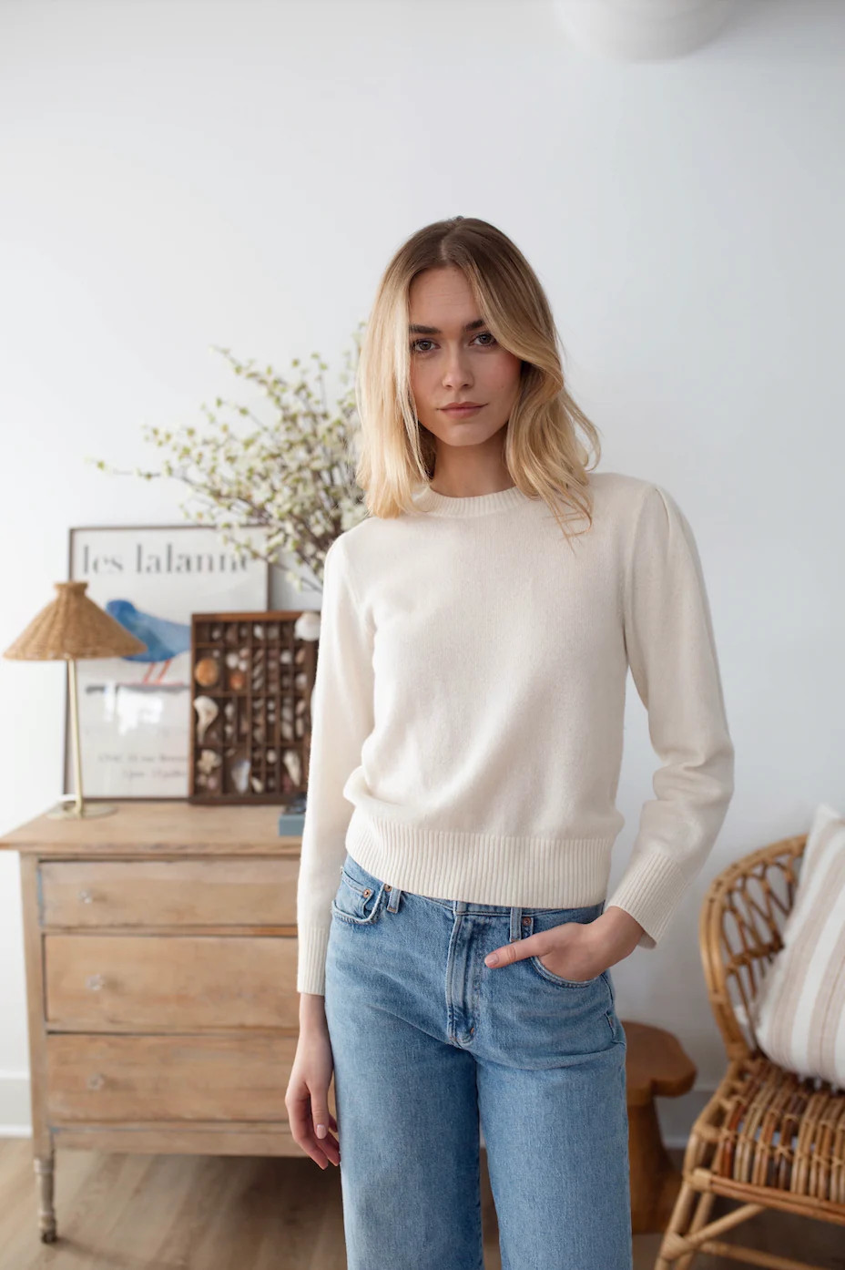 Puff Sleeve Crewneck Sweater - Ivory | Marea