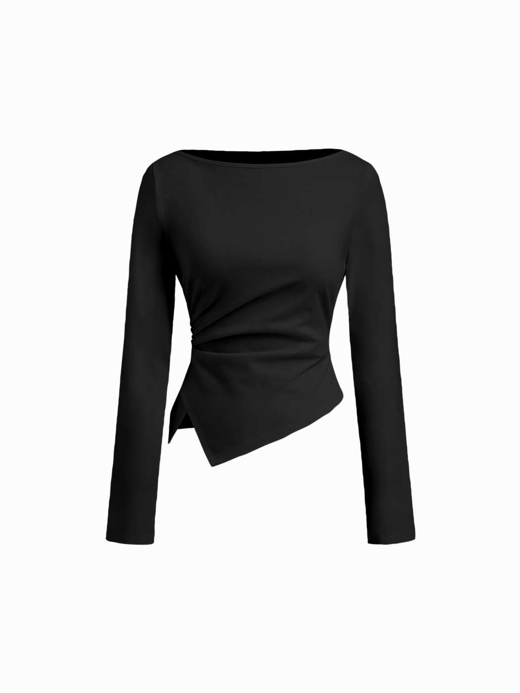 Knit Fabric Cotton-blend Boat Neck Long Sleeve Ruched Asymmetrical Hem Tee For Daily Casual | Cider