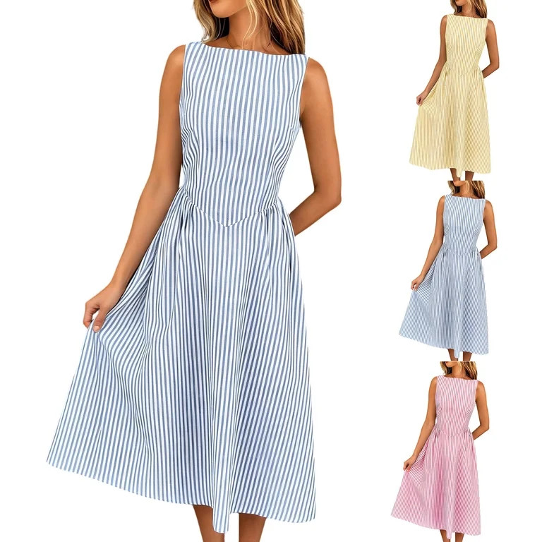 Snorda Women's Striped Dress, Summer Round Neck Sleeveless Striped Solid Color Casual Dress Flowy... | Walmart (US)