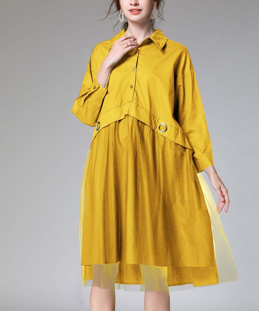 Jian Ruyi Women's Casual Dresses Yellow - Yellow Grommet-Accent Three-Quarter Sleeve Shift Dress | Zulily