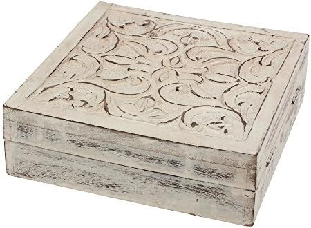 Stonebriar Worn White Wooden Keepsake Trinket Box with Hinged Lid and Carved Floral Design, Decor... | Amazon (US)