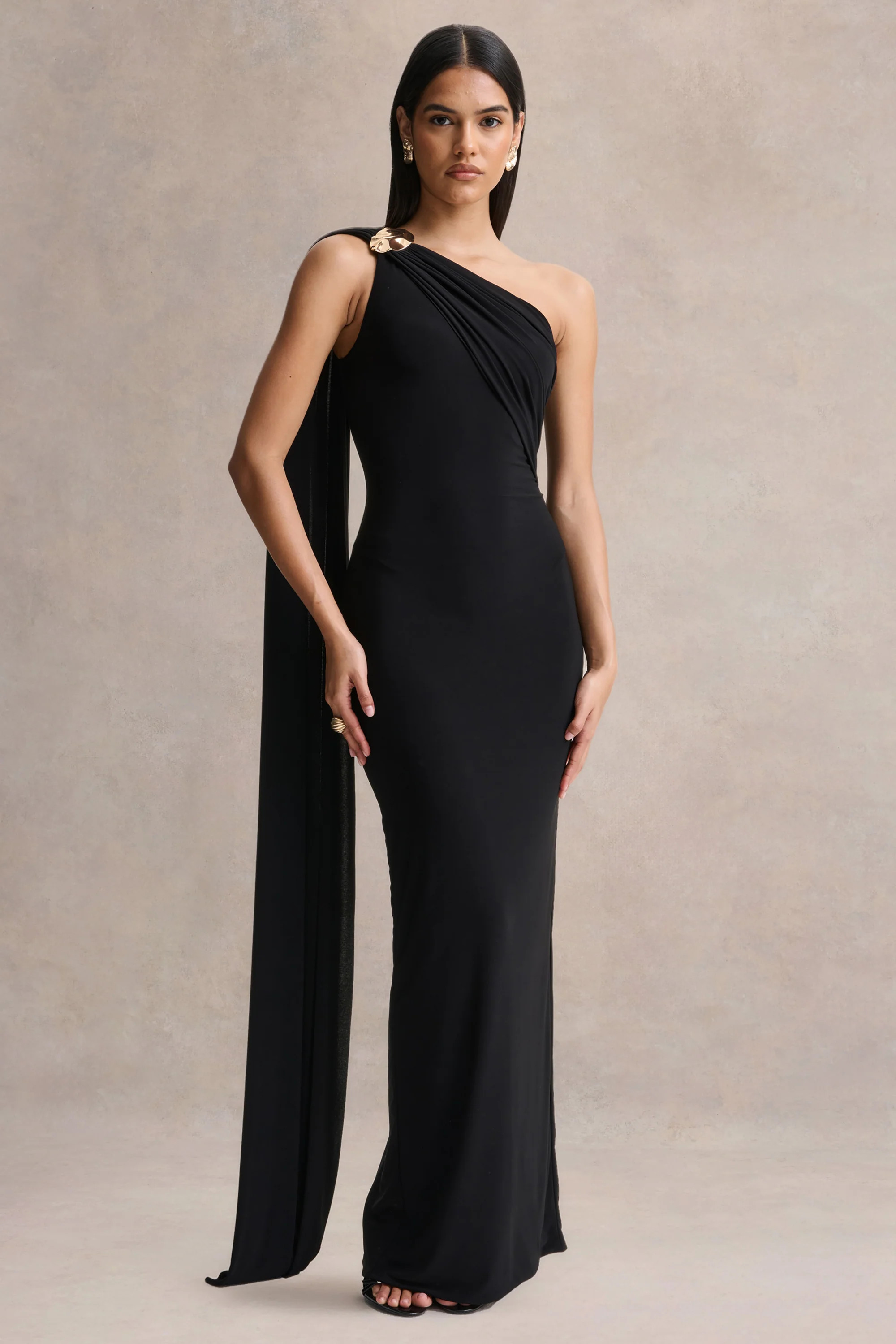 Mandy | Black Asymmetric-Neck Maxi Dress | Club L London