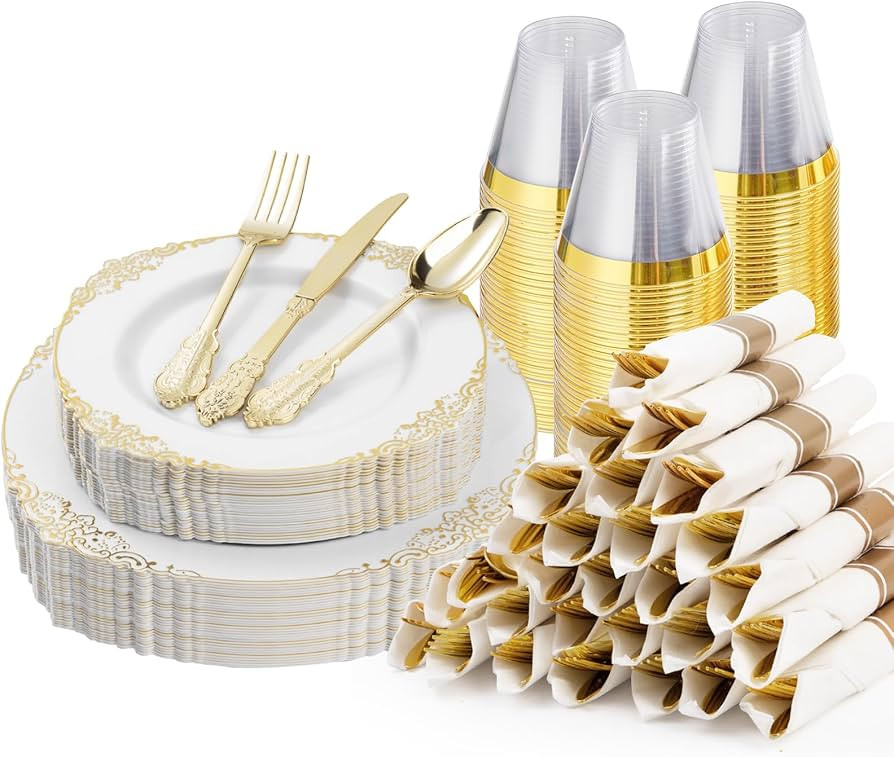 175PCS Gold Plastic Plates for 25 Guests, Disposable Dinnerware Sets Include 50 Gold Rim Plastic ... | Amazon (US)