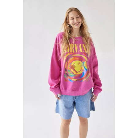 Urban Outfitters Women s x Nirvana Smiley Face Overdyed Crew Neck Sweatshirt (Small/Medium Pink) | Walmart (US)