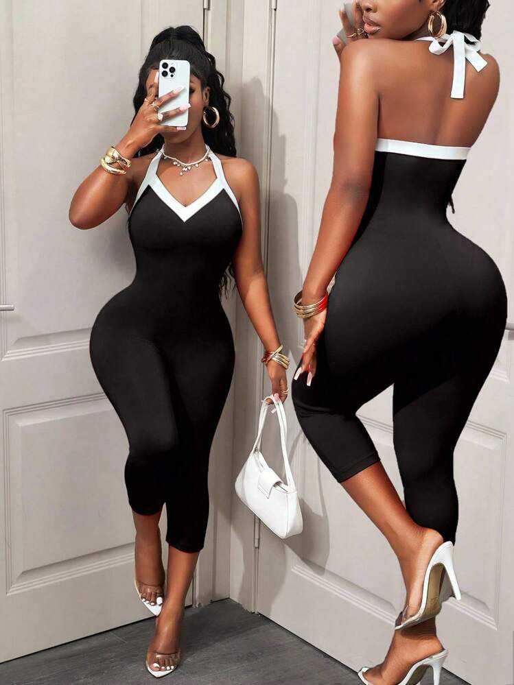 BamGleam Women's Contrast Color Backless Halter Jumpsuit Clean Fit Style | SHEIN