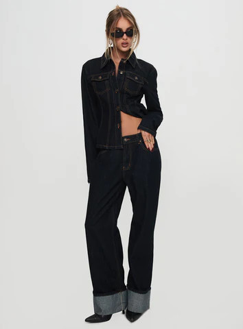 Top Model Low Rise Straight Leg Cuffed Jean Dark Denim | Princess Polly US