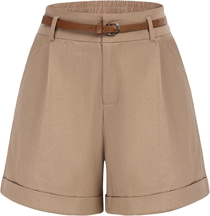 Belle Poque Women Bermuda Shorts Elastic Waist Wide Leg Shorts with Pockets & Belts | Amazon (US)