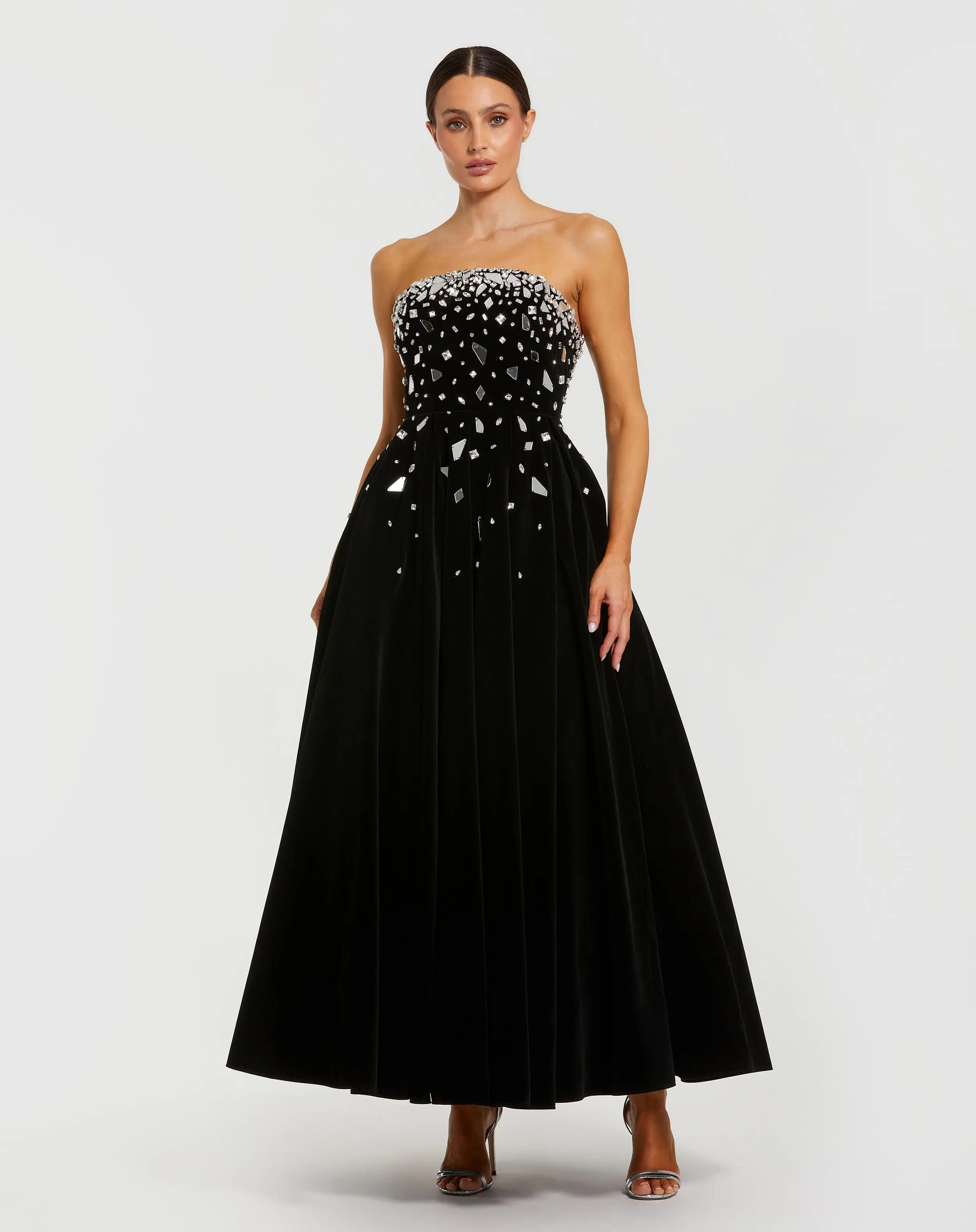 Black Velvet Strapless A-Line Midi Dress with Embellishments | Mac Duggal | Mac Duggal