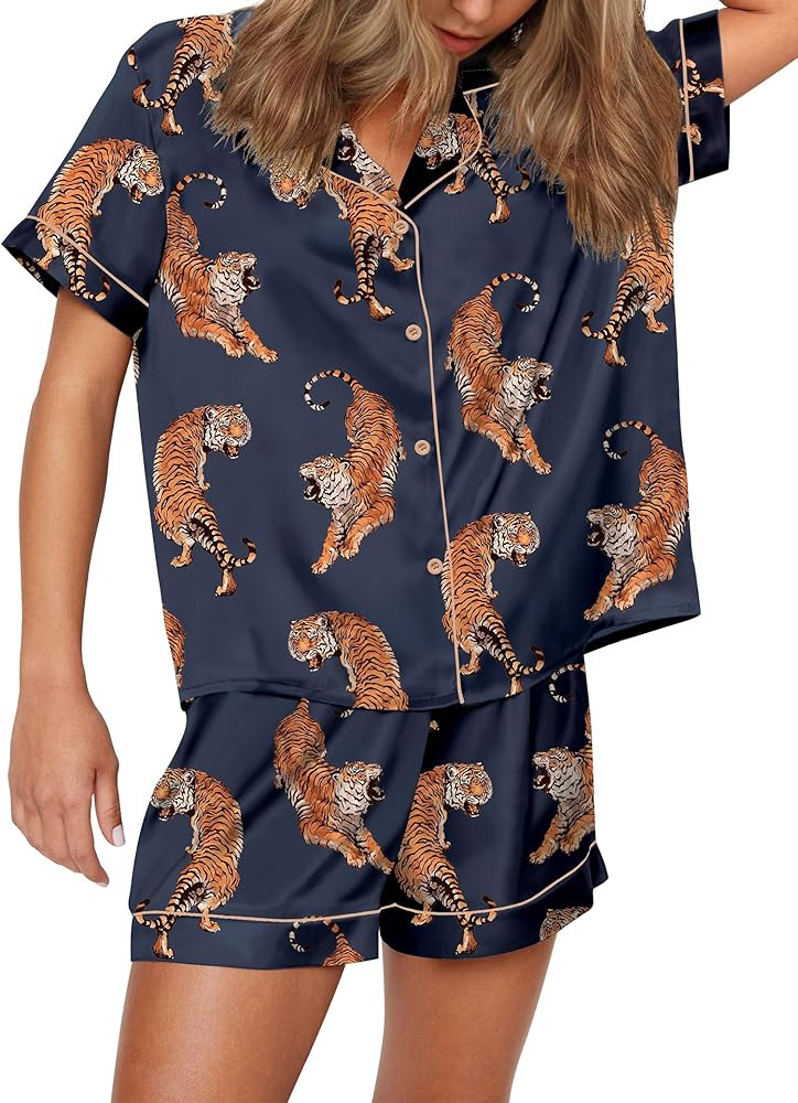 SHESHOW Satin Pajamas for Women Set Preppy Animals Pjs Short Sleeve Shorts 2 Piece Loungewear Set... | Amazon (US)