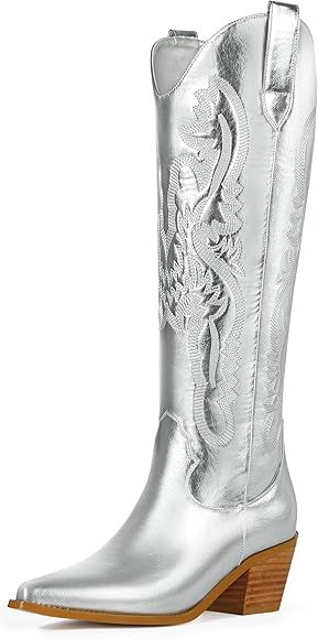 Ouepiano Women's Cowboy Boots Embroidered Western Knee High Boots, Pointed Toe Chunky Heel Pull o... | Amazon (US)