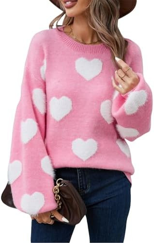 Heart Sweater for Women Valentines Cute Print Crewneck Long Sleeve Oversized Love Sweaters Knit P... | Amazon (US)