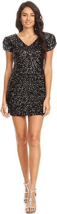 Amazon.com: Anna-Kaci Womens Sexy Sparkly Glitter Sequin V Neck Bodycon Mini Party Dress, Black S... | Amazon (US)
