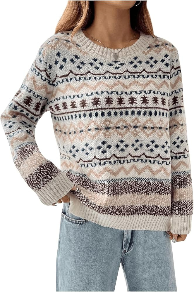SweatyRocks Women's Vintage Sweaters Crewneck Long Sleeve Geo Print Knit Pullover Tops | Amazon (US)