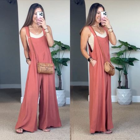 Save 10% on this cute petite friendly wide leg jumpsuit from Amazon size small in rust. Adjustable straps and pockets. Ribbed long line sports bra. Summer outfit l spring outfit l vacation outfit | easy summer style 



#LTKSeasonal #LTKunder50 #LTKstyletip
