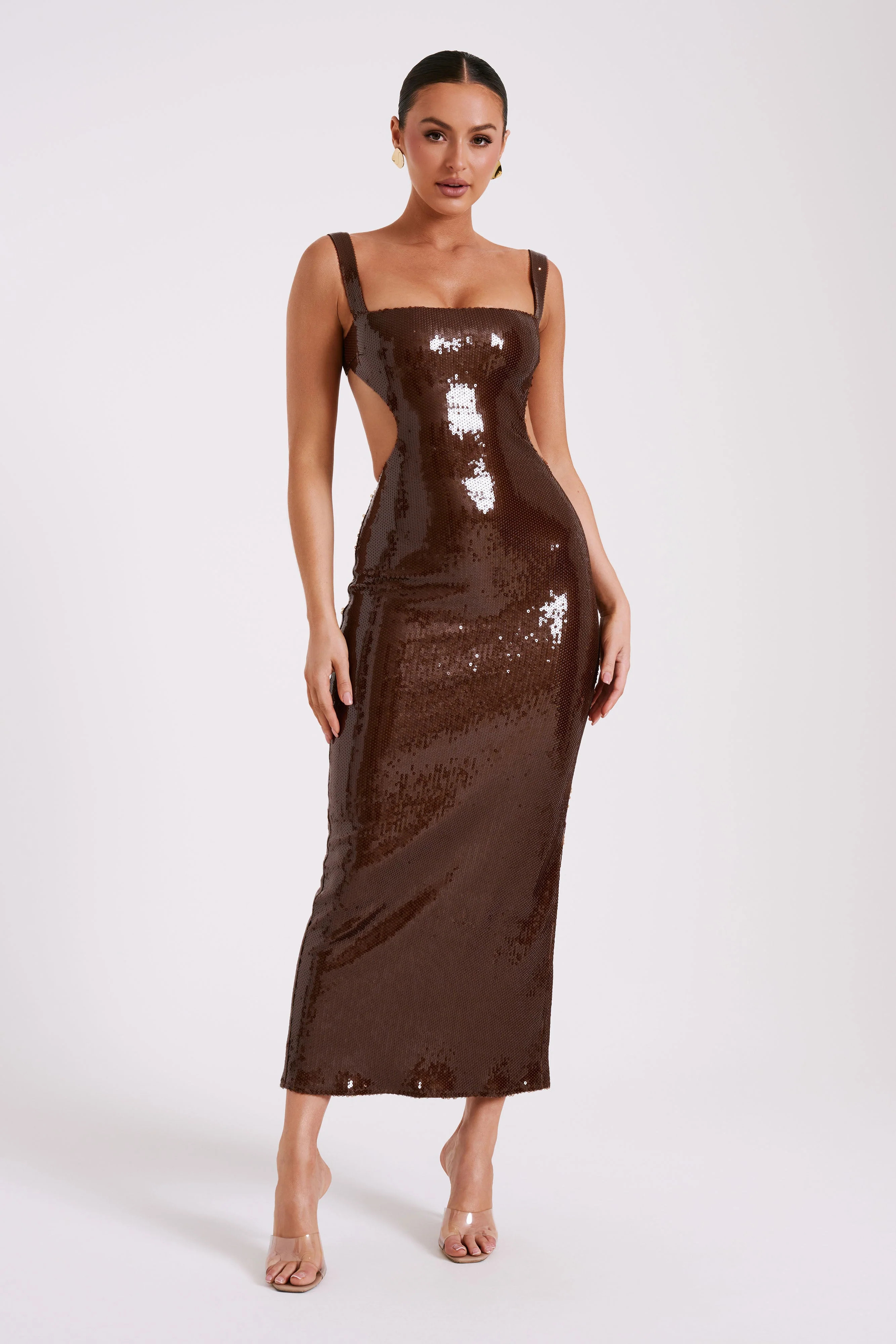 Sequin Cut Out Maxi Dress - Chocolate | MESHKI US