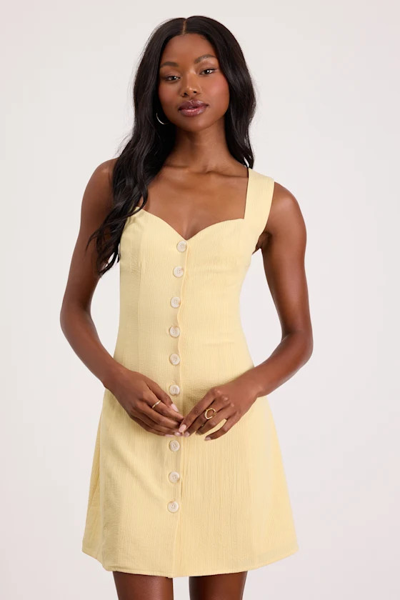 Sarie Light Yellow Textured Button-Front Mini Dress | Lulus