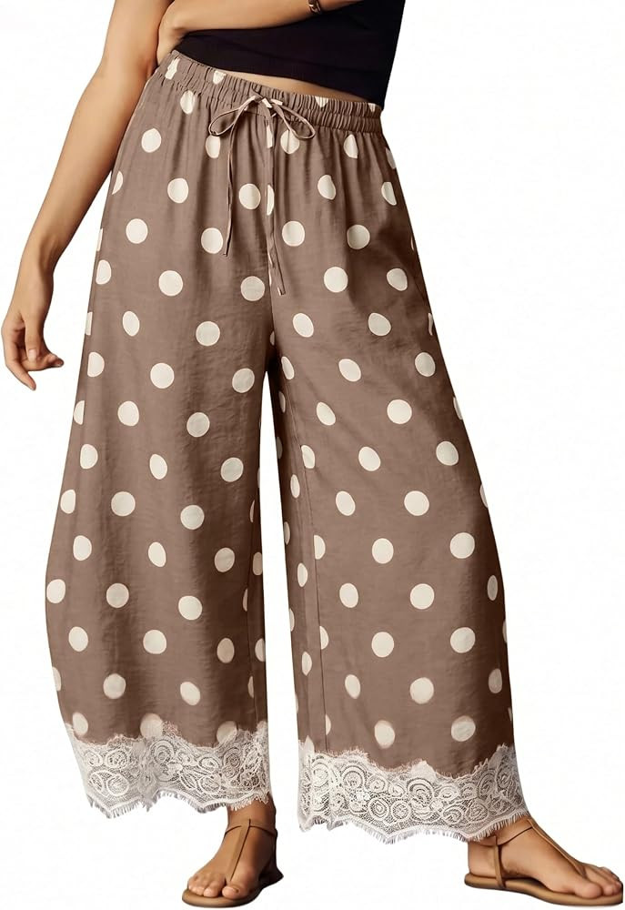 Athlisan Womens Polka Dot Wide Leg Palazzo Pants High Waisted Summer Lace Trim Cropped Baggy Trou... | Amazon (US)