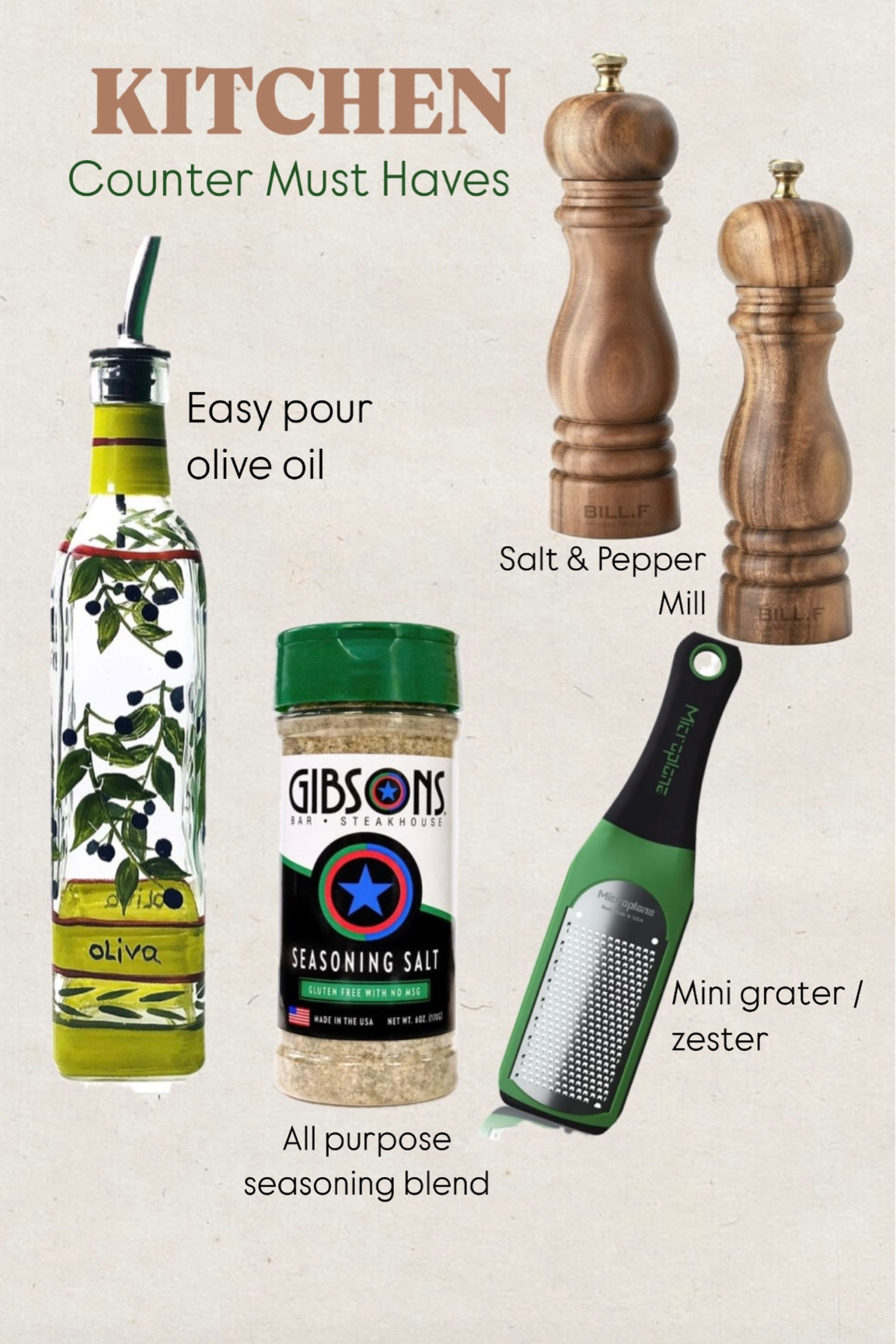 I use these items every time I cook, so I keep them close to my stove for easy access. 

Freshly ground salt and pepper makes all the difference. I buy refills in bulk and fill as needed. 

Same with olive oil. I buy a bulk extra virgin Italian olive oil and refill my smaller, easy to pour bottle as needed. 

Find an all purpose blend you love and use it on just about everything. If you need one, try the one I have linked, it’s the best! 

A mini MICROPLANE comes in handy for grating garlic, cheese or zesting. I like this one for quick cooking and easy to clean . 

#LTKFamily