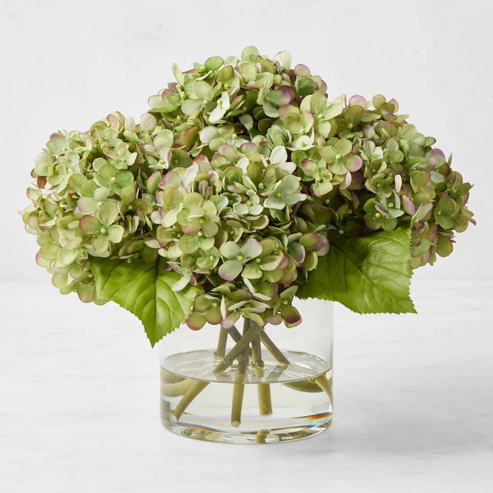 Faux Green &amp; Purple Hydrangea Arrangement in Glass Vase | Williams-Sonoma
